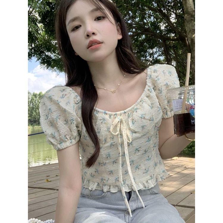 Áo Sơ Mi Ngắn Tay Phồng In Hoa Phong Cách Pháp Thời Trang Mùa Hè Ngọt Ngào Cho Nữ