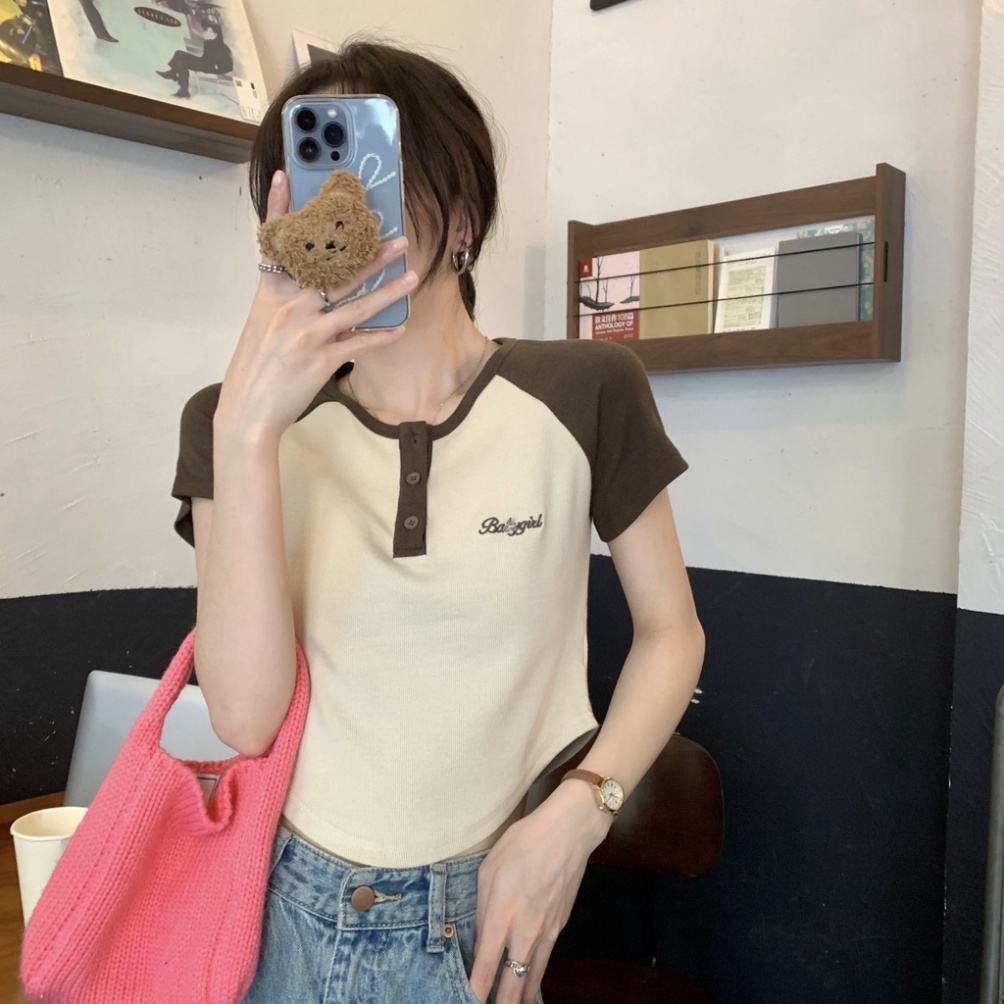 Áo thun Croptop ngắn tay cổ tròn BABYGID Nhiều Cúc Hot Trend, Áo phông cộc tay màu sắc tương phản thời trang mùa hè AP07 | BigBuy360 - bigbuy360.vn