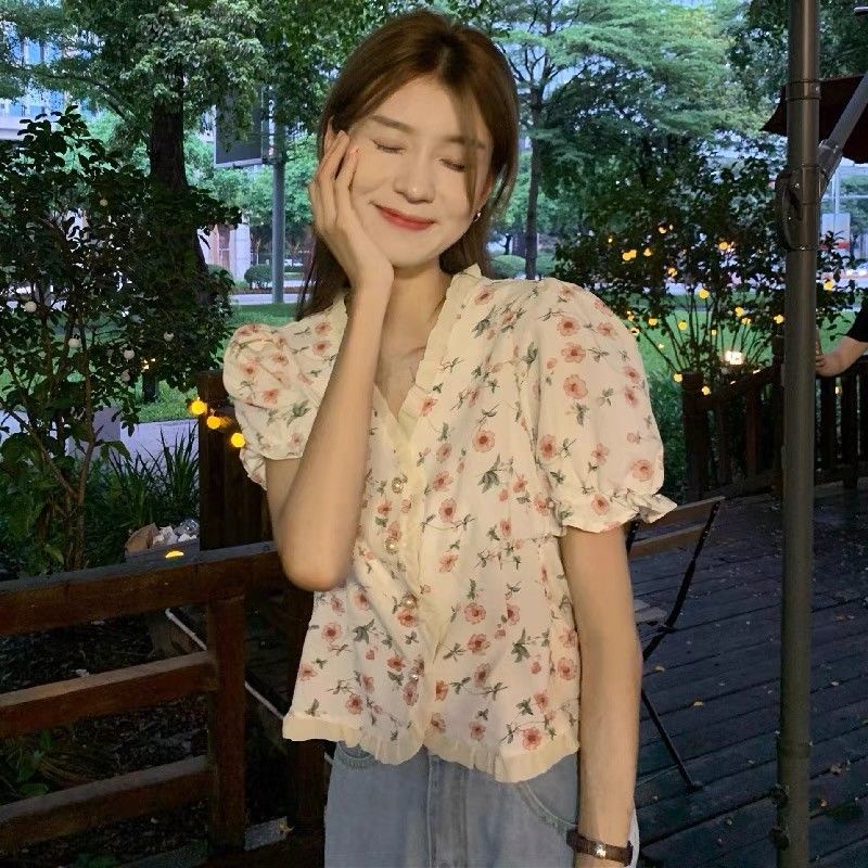 Jiashucheng Áo Sơ Mi Ngắn Tay Cổ Chữ V Họa Tiết Hoa Thời Trang Mùa Hè Cho Nữ