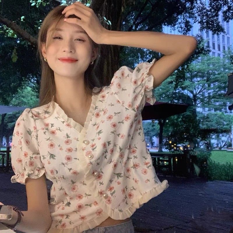 Jiashucheng Áo Sơ Mi Ngắn Tay Cổ Chữ V Họa Tiết Hoa Thời Trang Mùa Hè Cho Nữ