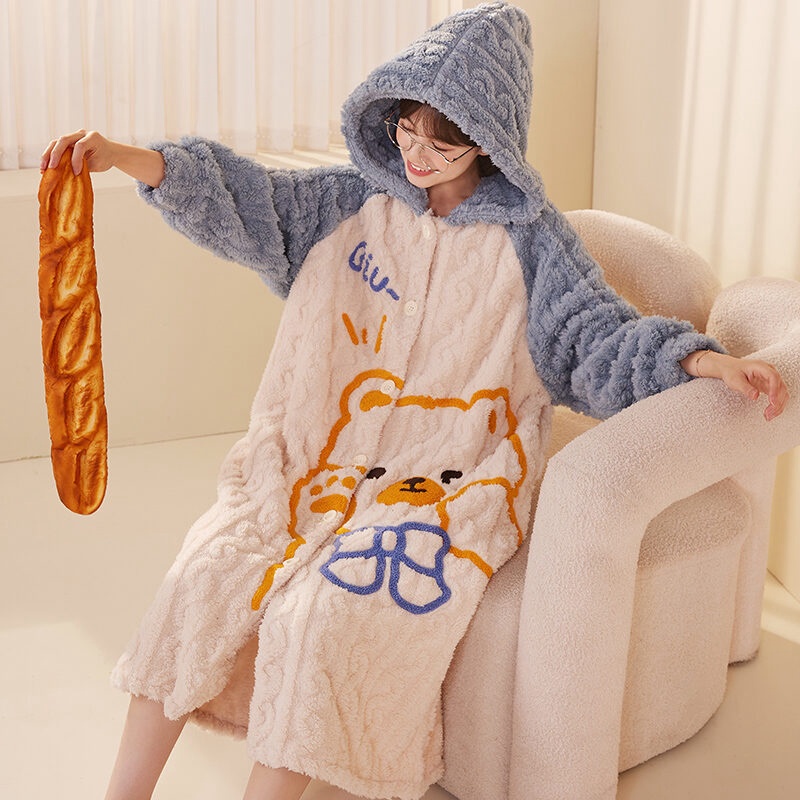 Áo Choàng Ngủ Công Chúa Bạch Tuyết Bộ Đồ Ngủ Dáng Dài Nhung San Hô Thu Đông Cho Nữ Bộ Đồ Mặc Nhà Flannel Lót Lông Dày Dặ