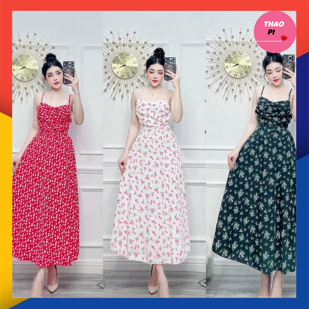 Đầm hai dây đầm maxi hoa nhí trễ ngực xếp ly đi chơi đi tiệc du lịch hẹn hò siêu đẹp quyến rũ hình thật
