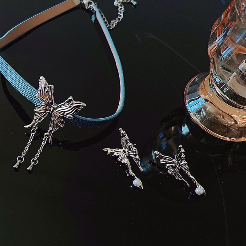 Vòng cổ choker denim Mặt Bướm Đính Ngọc Trai Thời Trang Cho Nữ