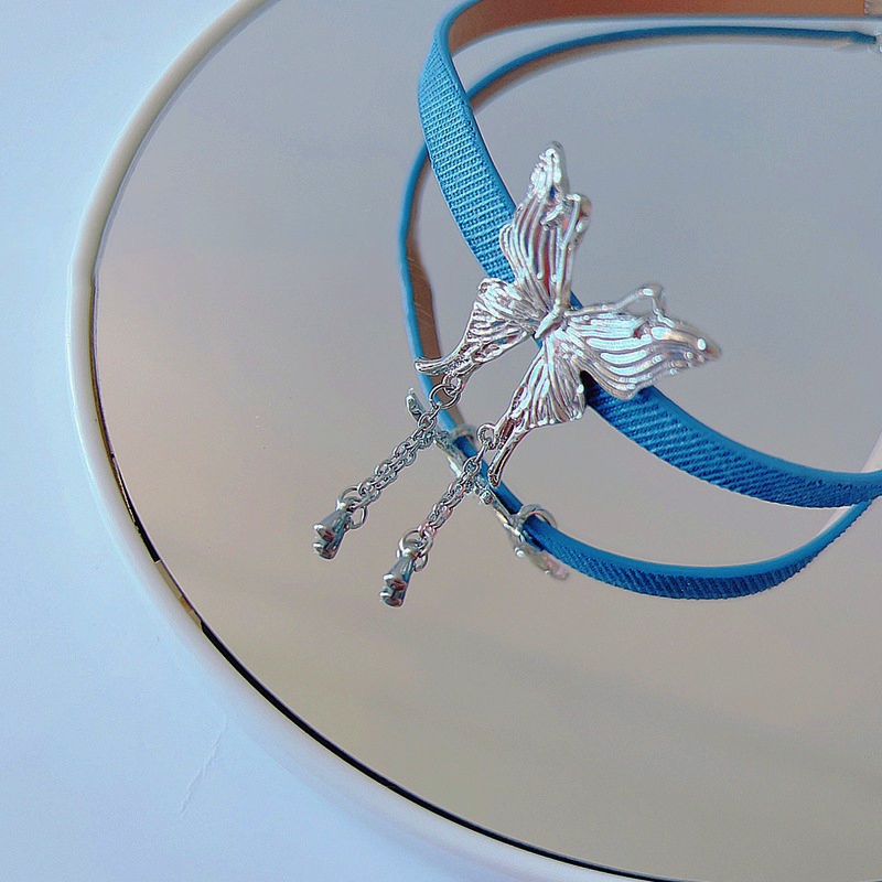 Vòng cổ choker denim Mặt Bướm Đính Ngọc Trai Thời Trang Cho Nữ