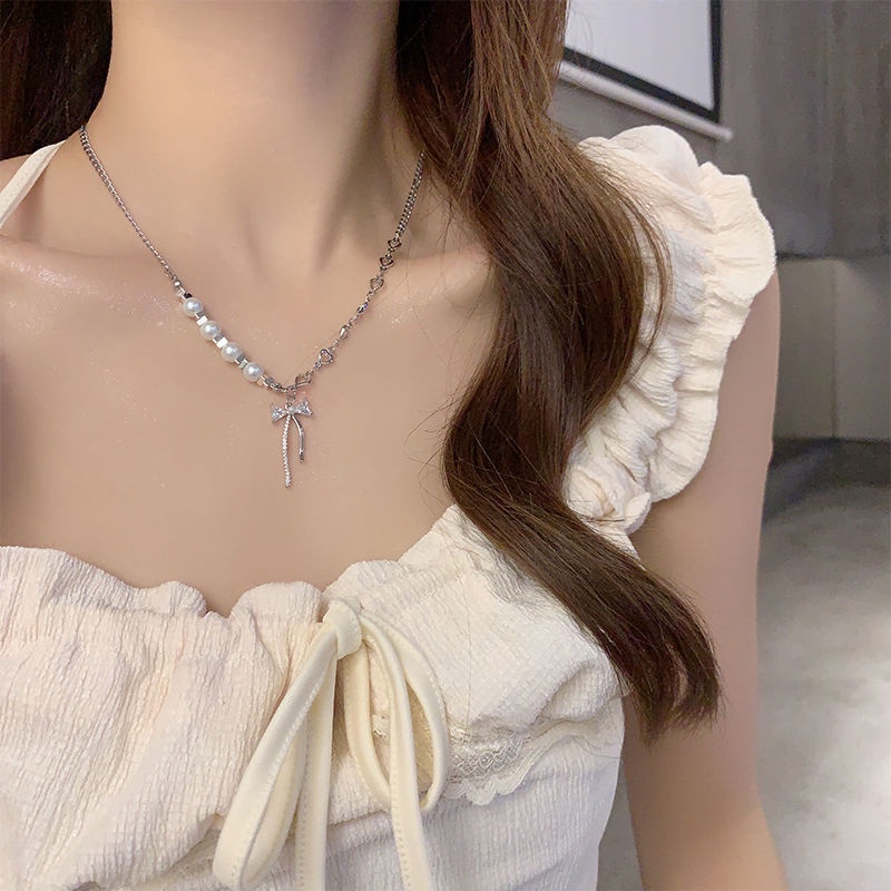 Vòng cổ Thép Titan Đính Nơ zircon Trắng Đẹp Mắt Cao Cấp Trang Trí Hạt Cườm Sáng lu Dành Cho Bạn Nữ