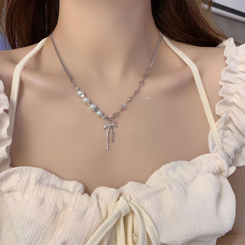 Vòng cổ Thép Titan Đính Nơ zircon Trắng Đẹp Mắt Cao Cấp Trang Trí Hạt Cườm Sáng lu Dành Cho Bạn Nữ