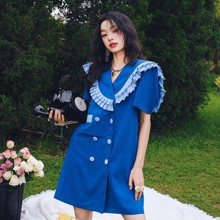 Yuexun2023 Đầm Midi Tay Ngắn Dáng Rộng Cổ Búp Bê Phối Ren Thời Trang Mùa Hè Cho Nữ