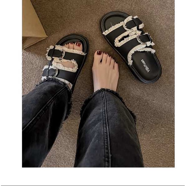 Dép Bánh Mì Đế Cao Nữ Denim Dày Mùa Hè Mới Giản Dị