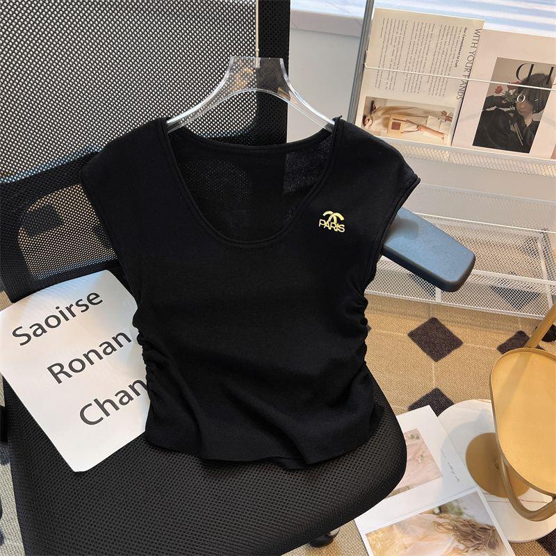 Áo sweater Dệt Kim Không Tay Dáng Ôm Màu Xanh Dương Xếp Ly Thời Trang Mùa Hè Hàng Mới Dành Cho Bạn Nữ