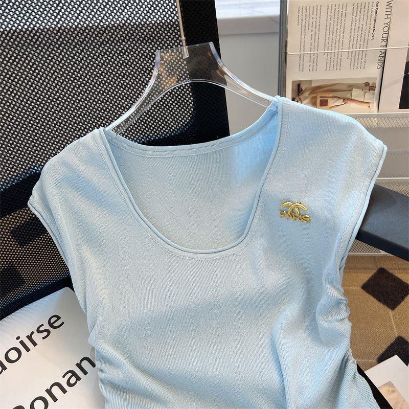 Áo sweater Dệt Kim Không Tay Dáng Ôm Màu Xanh Dương Xếp Ly Thời Trang Mùa Hè Hàng Mới Dành Cho Bạn Nữ