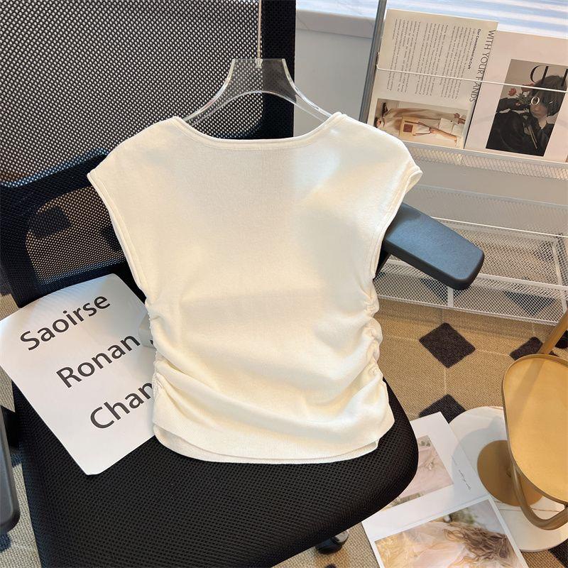 Áo sweater Dệt Kim Không Tay Dáng Ôm Màu Xanh Dương Xếp Ly Thời Trang Mùa Hè Hàng Mới Dành Cho Bạn Nữ