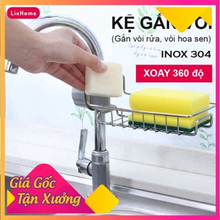 Kệ để đồ rửa chén bát gắn vòi nước inox 304 xoay 360 độ, khay gắn vòi đựng miếng rửa chén cao cấp