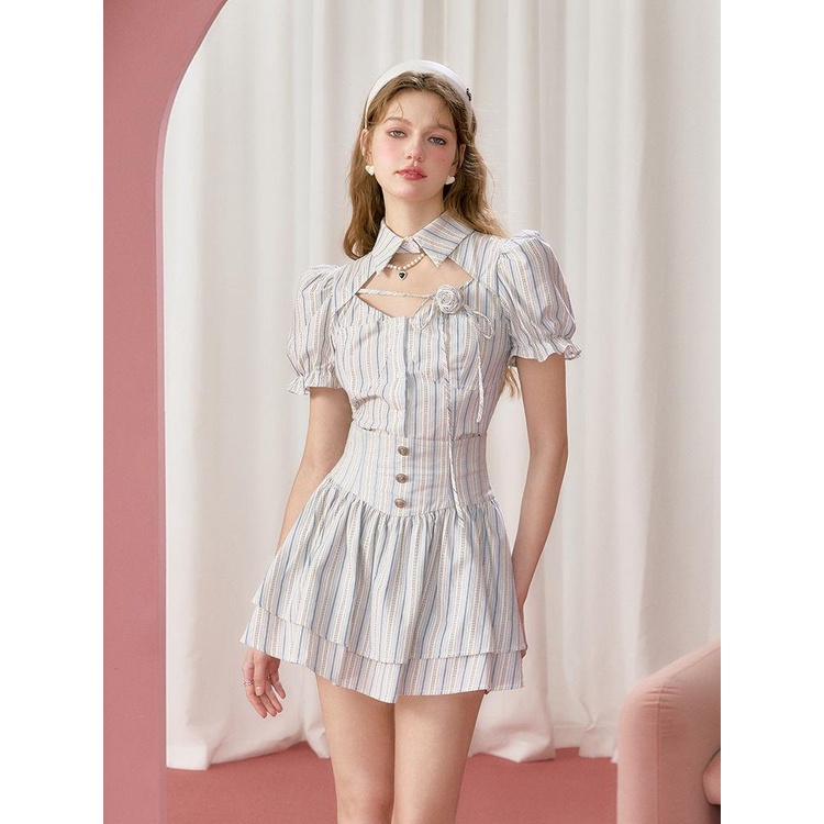 Bộ Áo Tay Phồng Họa Tiết Kẻ Sọc Và Chân Váy Chữ a Thời Trang 2023 Phong Cách Anh Quốc Mới