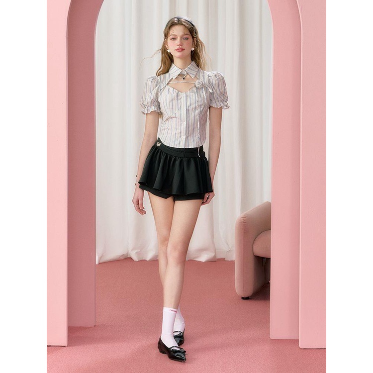 Bộ Áo Tay Phồng Họa Tiết Kẻ Sọc Và Chân Váy Chữ a Thời Trang 2023 Phong Cách Anh Quốc Mới