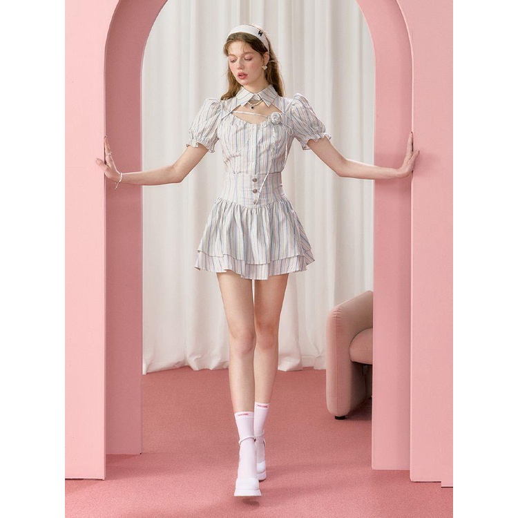 Bộ Áo Tay Phồng Họa Tiết Kẻ Sọc Và Chân Váy Chữ a Thời Trang 2023 Phong Cách Anh Quốc Mới