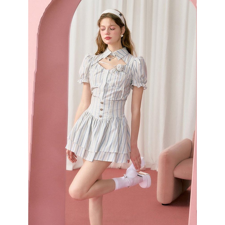 Bộ Áo Tay Phồng Họa Tiết Kẻ Sọc Và Chân Váy Chữ a Thời Trang 2023 Phong Cách Anh Quốc Mới