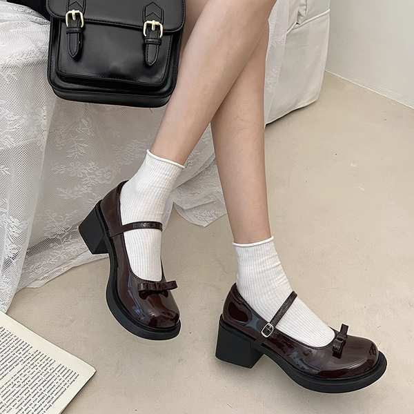 Giày Cao Gót Da Mũi Tròn Đính Nơ Phong Cách Pháp giày nữ lolita