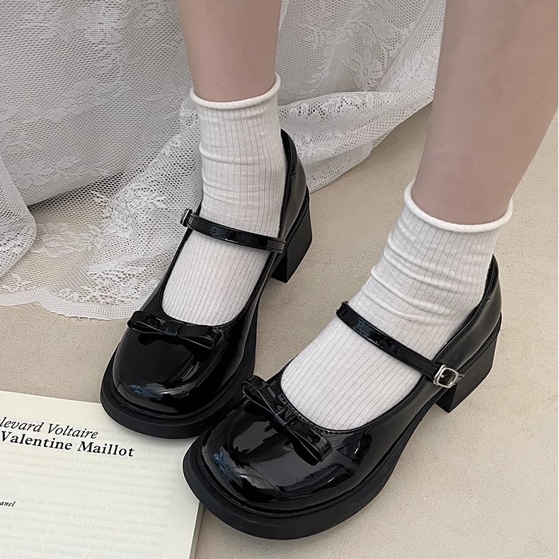 Giày Cao Gót Da Mũi Tròn Đính Nơ Phong Cách Pháp giày nữ lolita