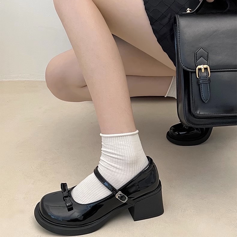 Giày Cao Gót Da Mũi Tròn Đính Nơ Phong Cách Pháp giày nữ lolita