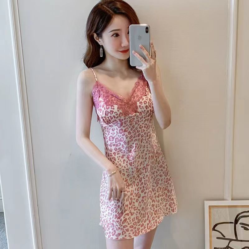 Đầm Ngủ Hai Dây Có Mút Đệm Ngực In Họa Tiết Da Báo Mềm Mại Thoải Mái Thời Trang Mùa Hè Cho Bạn Gái