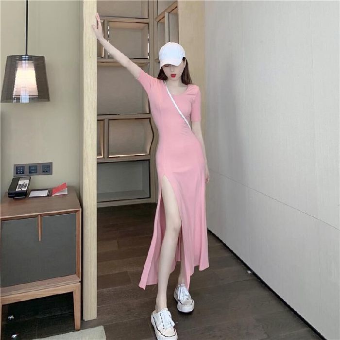 Jiashucheng Váy Ôm Eo Cổ Chữ V Xẻ Tà Cỡ Lớn Thời Trang Hàn Quốc Quyến Rũ