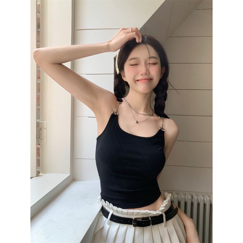 Áo Hai Dây Mùa Hè Màu Đen Trơn Khóa Kim Loại Thiết Kế Đẹp Mắt Phong Cách Desire Ngọt Ngào Cho Nữ