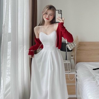 [QTNEW623] Sét bộ váy đầm 2 dây dáng xòe xếp ly kèm áo khoác ngoài dễ thương dao phố ( có mút ngực )