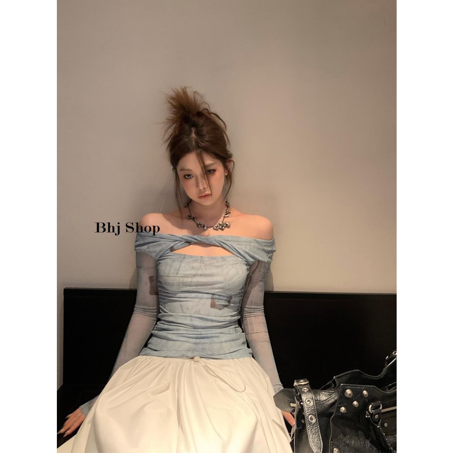 Kochera Hot Girl u * Áo Thun Tay Dài Dáng Ôm Hở Vai Nhuộm Màu Phong Cách ma @ -