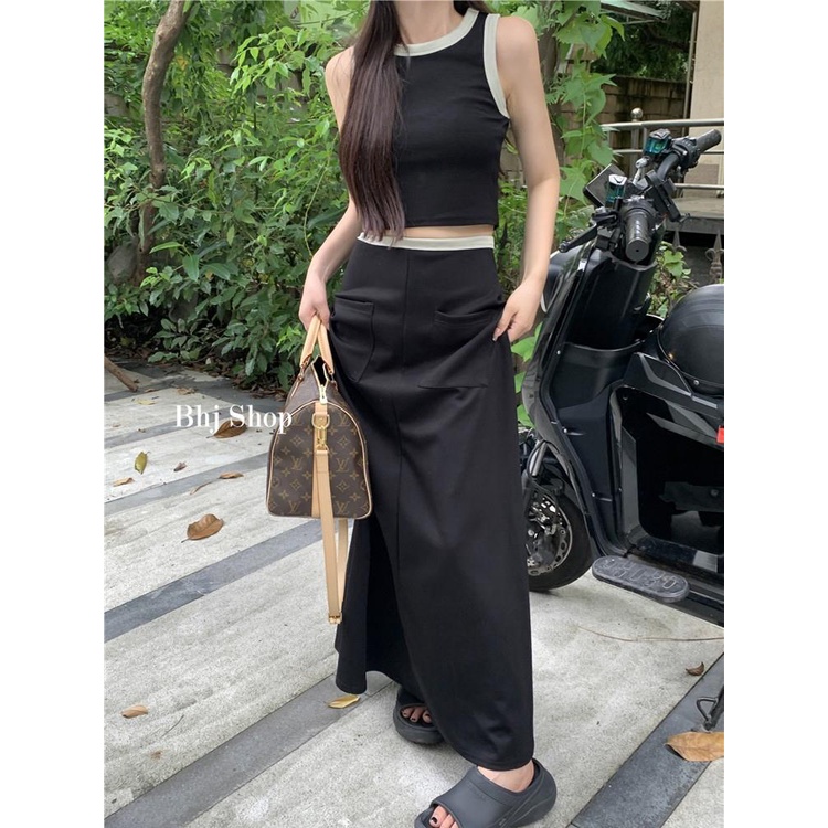 Bộ đồ BJHG WAVW gồm áo hai dây màu sắc tương phản phối chân váy chữ A lưng cao thời trang mùa hè cho nữ