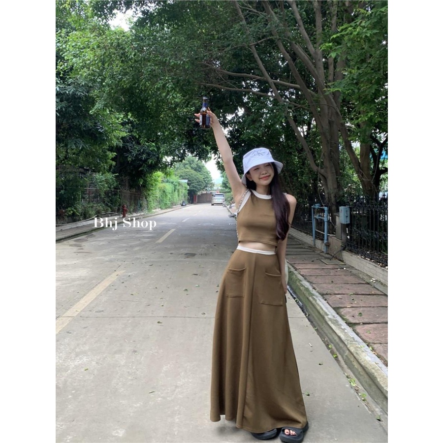 Bộ đồ BJHG WAVW gồm áo hai dây màu sắc tương phản phối chân váy chữ A lưng cao thời trang mùa hè cho nữ