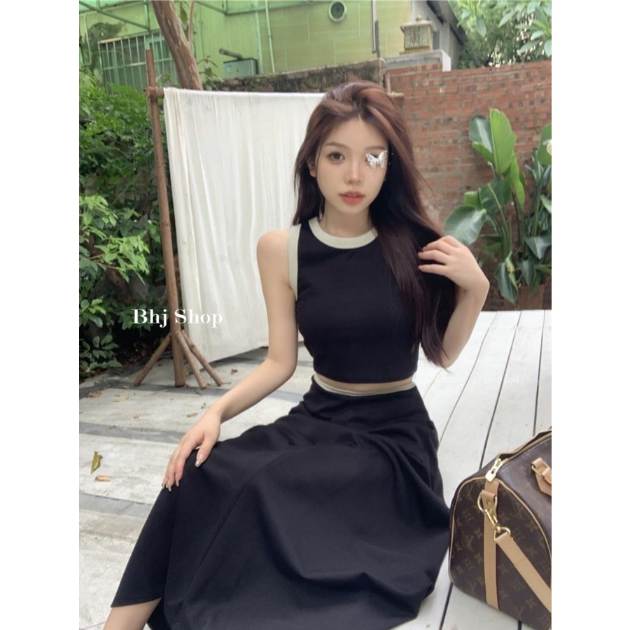 Bộ đồ BJHG WAVW gồm áo hai dây màu sắc tương phản phối chân váy chữ A lưng cao thời trang mùa hè cho nữ