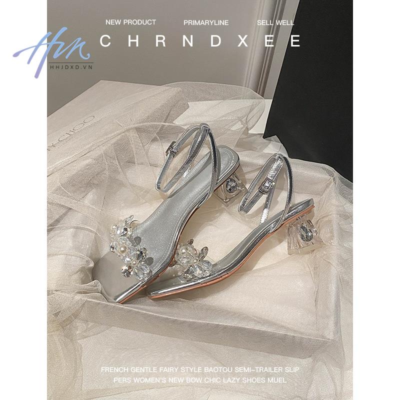 Giày Sandal Cao Gót Mũi Vuông Đính Đá Thời Trang Mùa Hè 2023 Cho Nữ