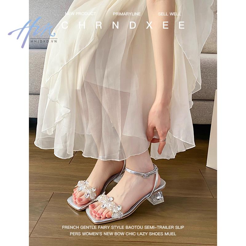 Giày Sandal Cao Gót Mũi Vuông Đính Đá Thời Trang Mùa Hè 2023 Cho Nữ