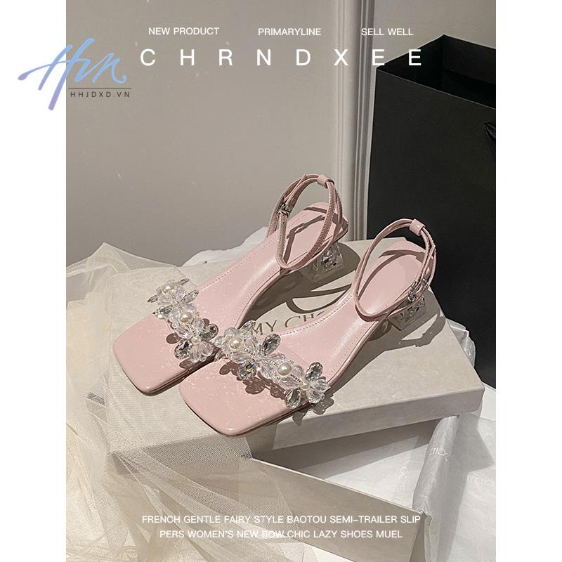 Giày Sandal Cao Gót Mũi Vuông Đính Đá Thời Trang Mùa Hè 2023 Cho Nữ