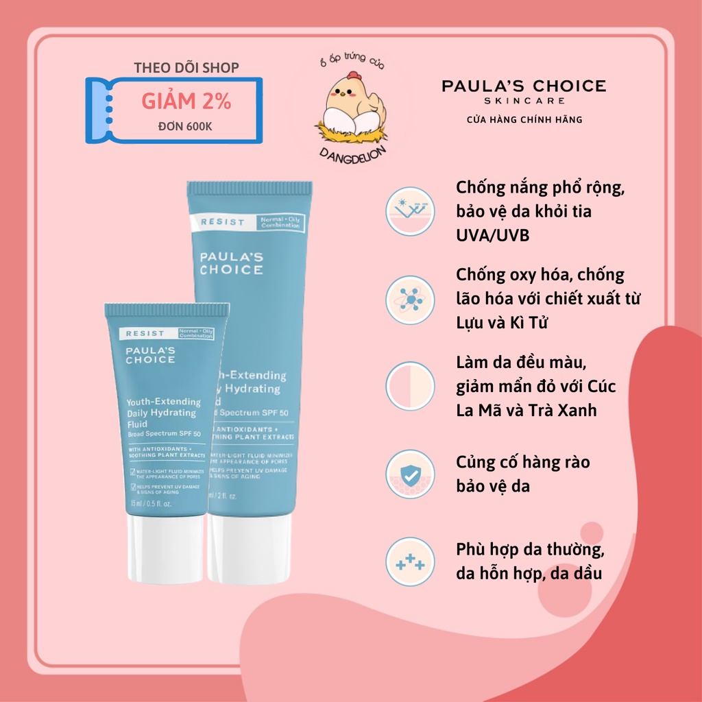 Kem chống nắng phổ rộng Paula's Choice Resist Youth-Extending Daily Hydrating Fluid SPF50