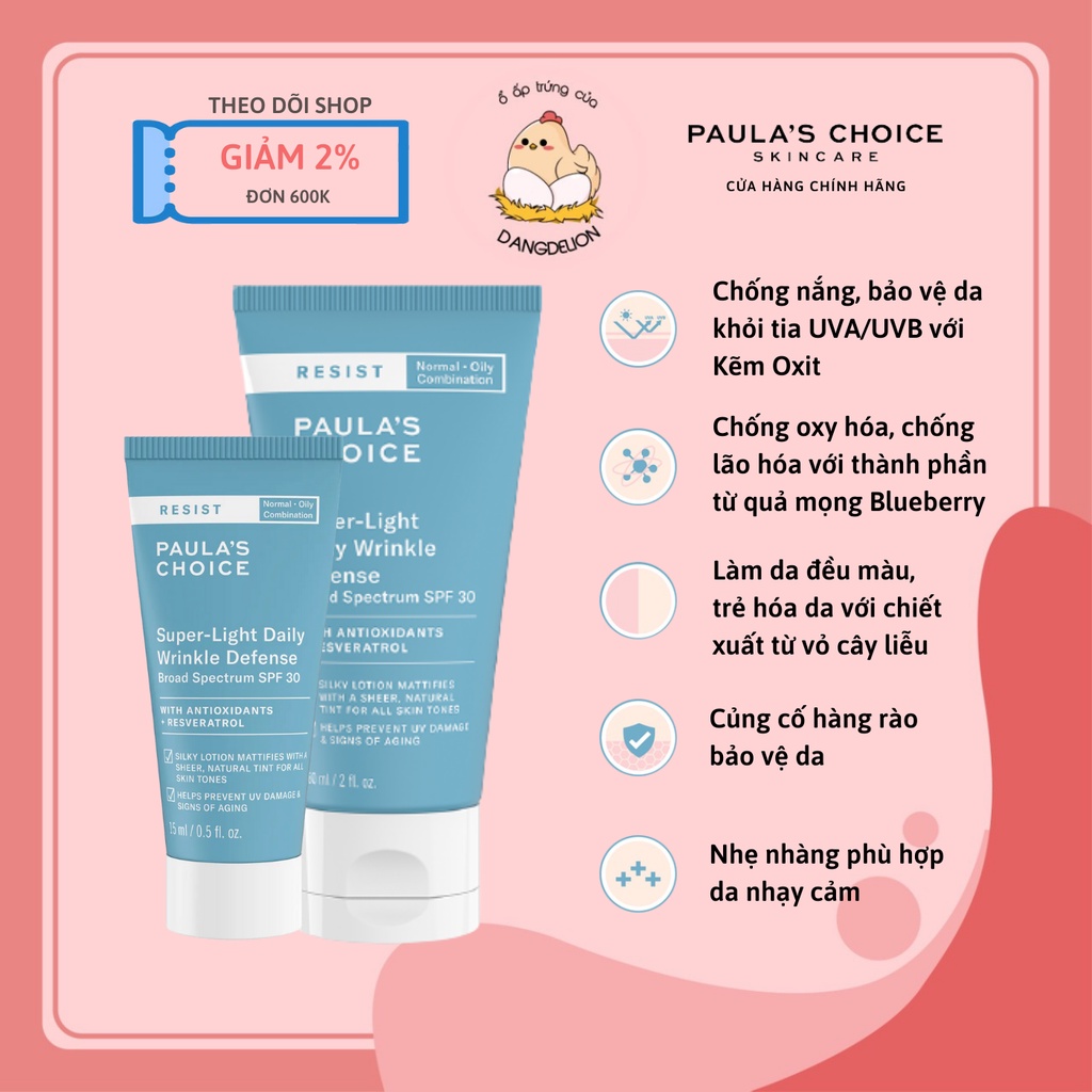 Kem chống nắng phổ rộng Paula's Choice Resist Super-Light Daily Wrinkle Defence SPF30