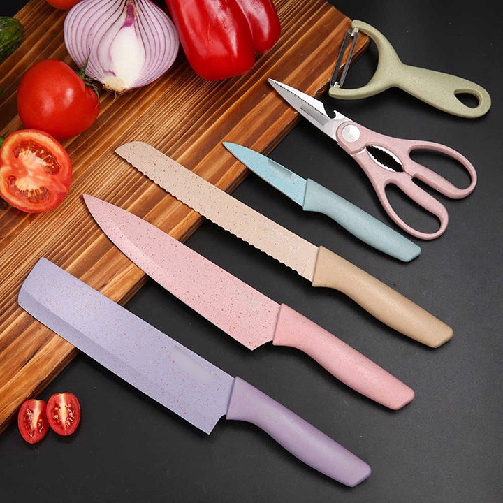 Bộ Dao Nhà Bếp Lúa Mạch 6 Món KITCHEN KNIFE Màu Pastel Cao Cấp Kháng Khuẩn Tiện Dụng - Bộ Dao Làm Bếp Đa Năng_DAO6MON