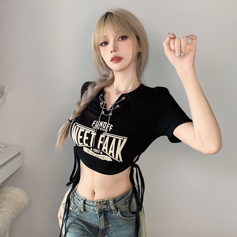 Jiashucheng Áo Thun Ngắn Tay Cổ Chữ V Rút Dây In Họa Tiết Thời Trang Cho Nữ