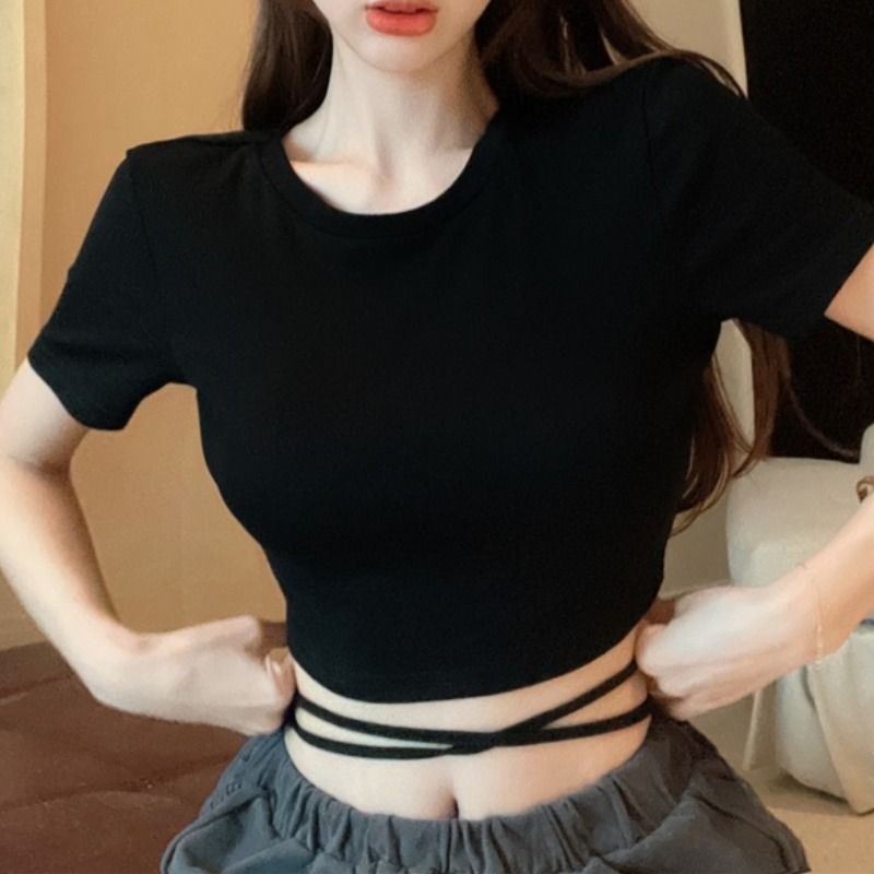Jiashucheng Áo Thun Tay Ngắn Buộc Dây Hở Eo Màu Trơn Quyến Rũ Thời Trang Mùa Hè Cho Nữ