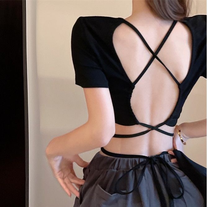 Jiashucheng Áo Thun Crop Top Tay Ngắn Buộc Dây Phong Cách Retro Mỹ Ngọt Ngào Cho Nữ