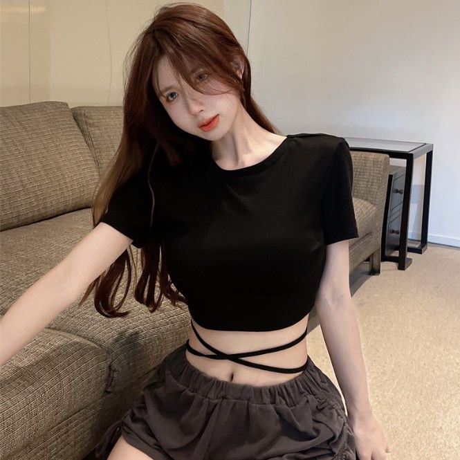 Jiashucheng Áo Thun Crop Top Tay Ngắn Buộc Dây Phong Cách Retro Mỹ Ngọt Ngào Cho Nữ