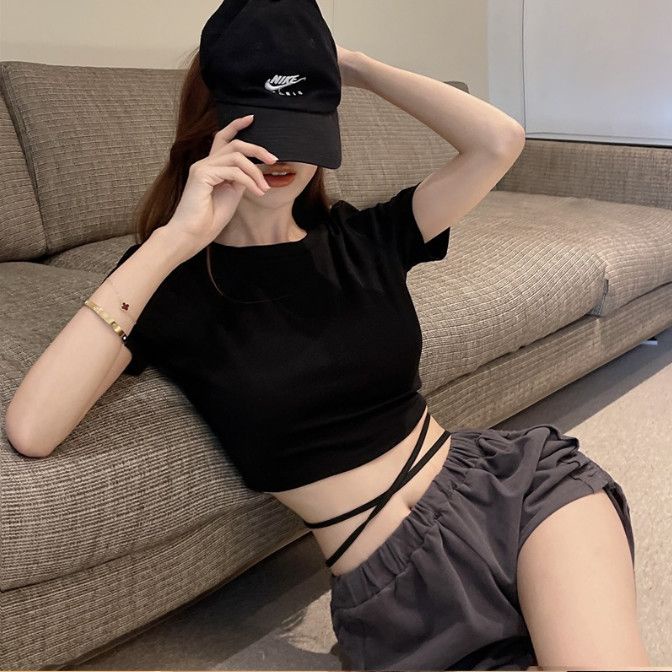 Jiashucheng Áo Thun Crop Top Tay Ngắn Buộc Dây Phong Cách Retro Mỹ Ngọt Ngào Cho Nữ