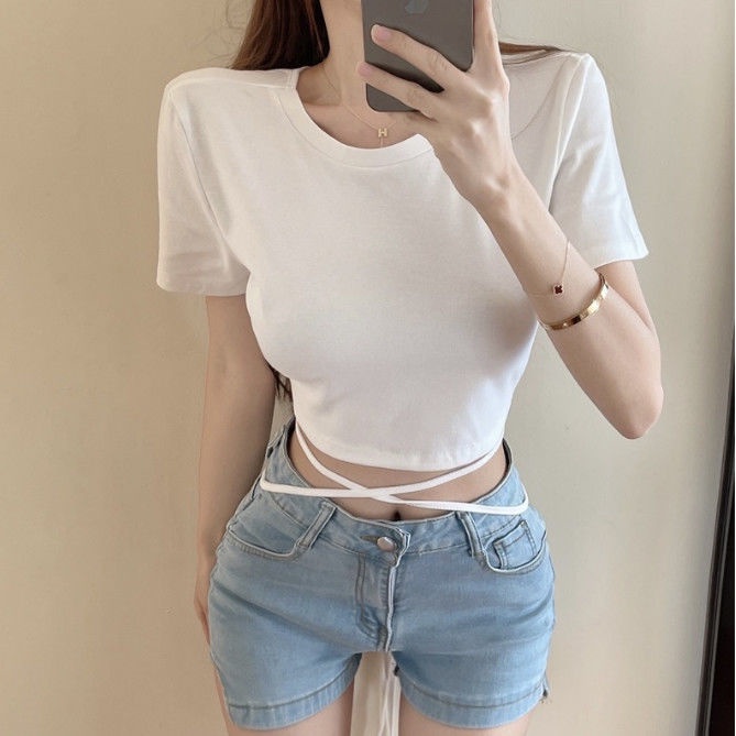 Jiashucheng Áo Thun Crop Top Tay Ngắn Buộc Dây Phong Cách Retro Mỹ Ngọt Ngào Cho Nữ