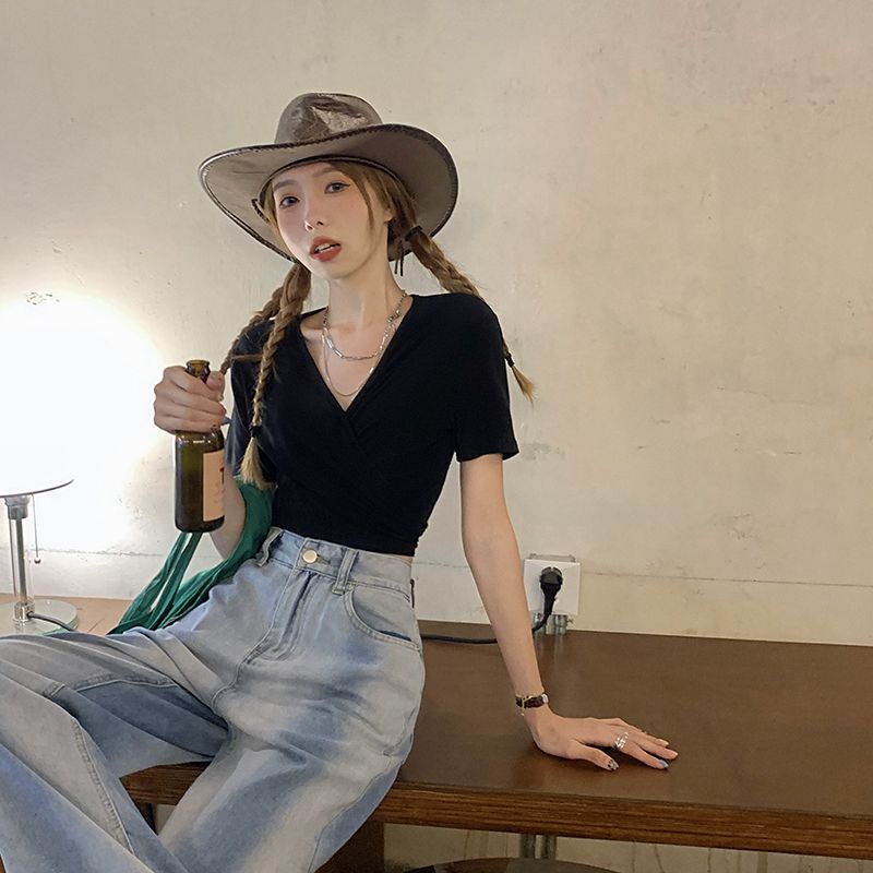 Jiashucheng Áo Thun Crop Top Tay Ngắn Phong Cách Pháp Thời Trang Quyến Rũ Cho Nữ