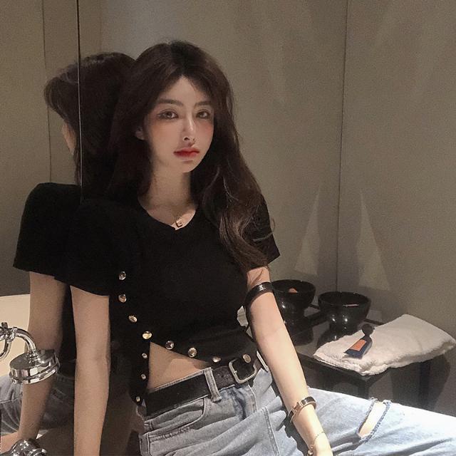Jiashucheng Áo Thun Crop Top Ngắn Tay Ôm Dáng Màu Đen Quyến Rũ Thời Trang Mùa Hè Cho Nữ