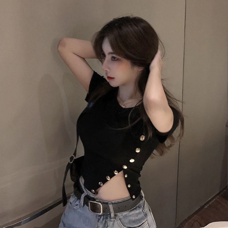 Jiashucheng Áo Thun Crop Top Ngắn Tay Ôm Dáng Màu Đen Quyến Rũ Thời Trang Mùa Hè Cho Nữ