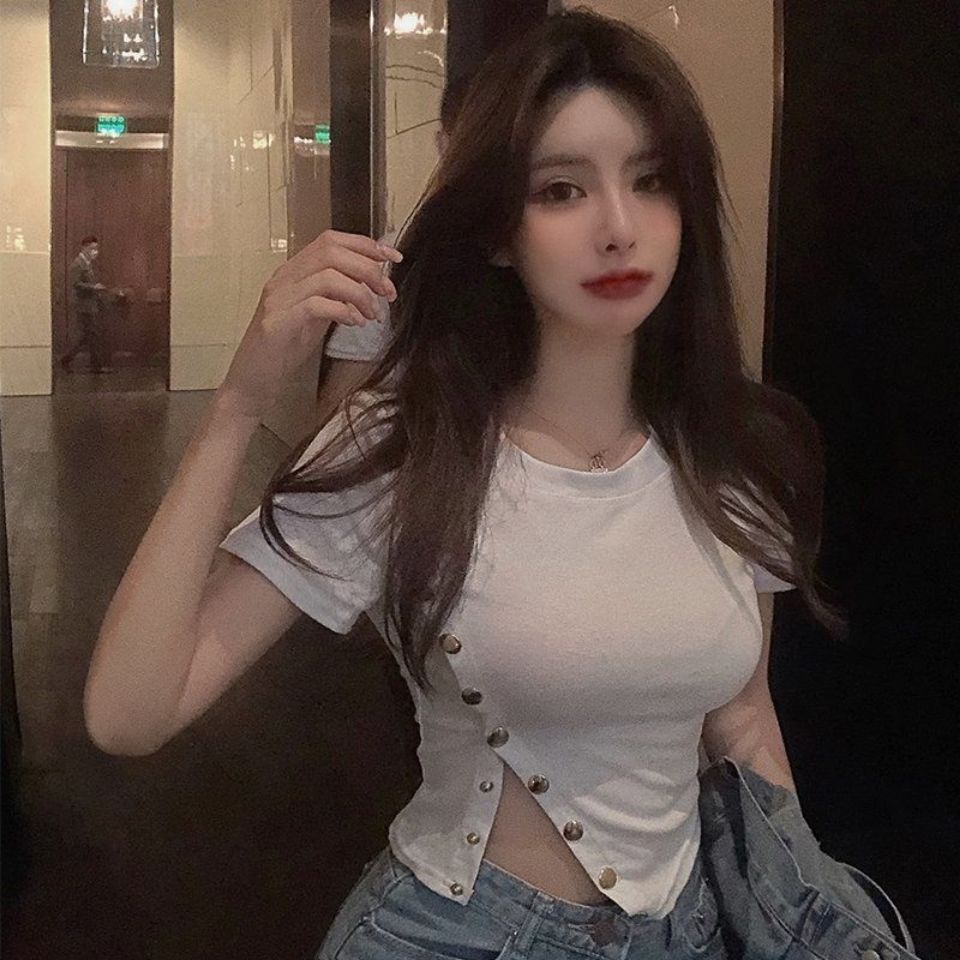 Jiashucheng Áo Thun Crop Top Ngắn Tay Ôm Dáng Màu Đen Quyến Rũ Thời Trang Mùa Hè Cho Nữ