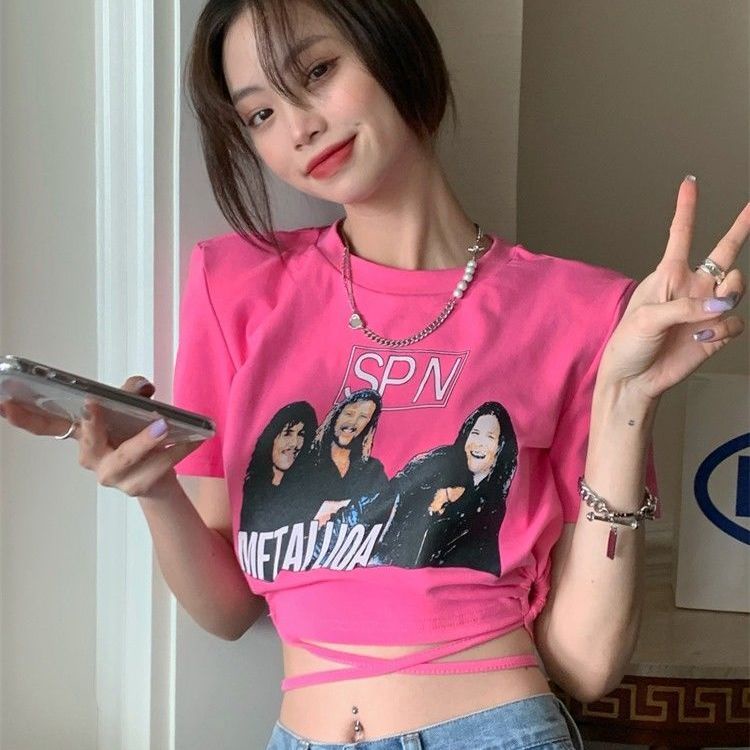 Jiashucheng Áo Thun Tay Ngắn Dáng Ôm Phối Dây Rút In Họa Tiết Phong Cách Âu Mỹ Thời Trang Cho Nữ