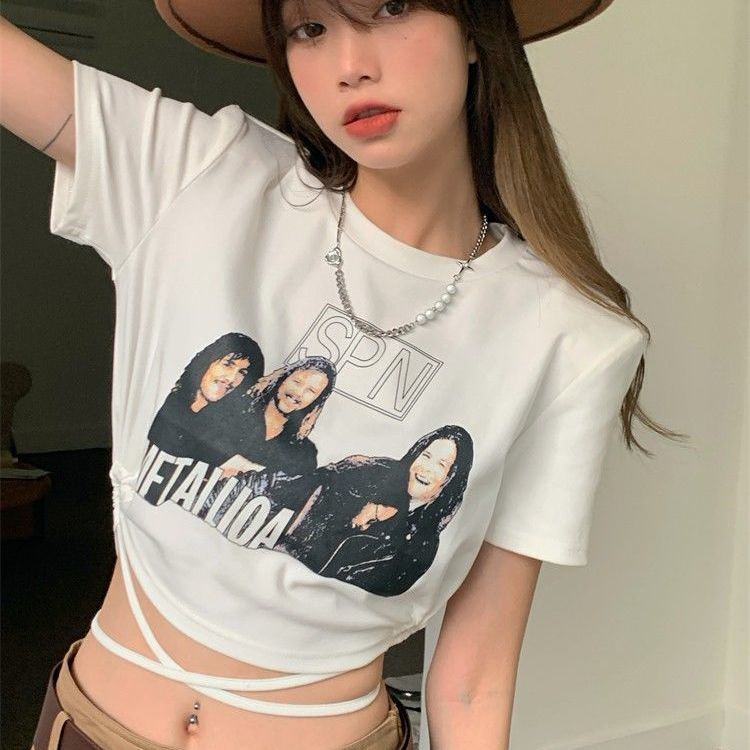 Jiashucheng Áo Thun Tay Ngắn Dáng Ôm Phối Dây Rút In Họa Tiết Phong Cách Âu Mỹ Thời Trang Cho Nữ