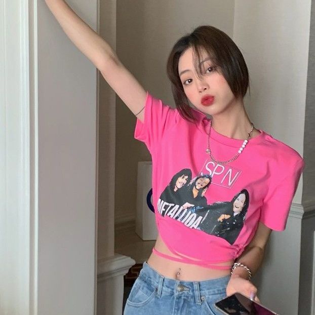 Jiashucheng Áo Thun Tay Ngắn Dáng Ôm Phối Dây Rút In Họa Tiết Phong Cách Âu Mỹ Thời Trang Cho Nữ